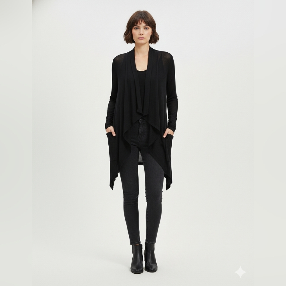 Kenneth Cole NY Black 100% Viscose Lightweight Waterfall Cardigan M